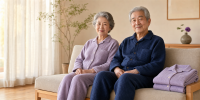 古希祝いにパジャマを贈る|紫のパジャマを着た70代のご夫婦と、贈り物として畳まれたパジャマ